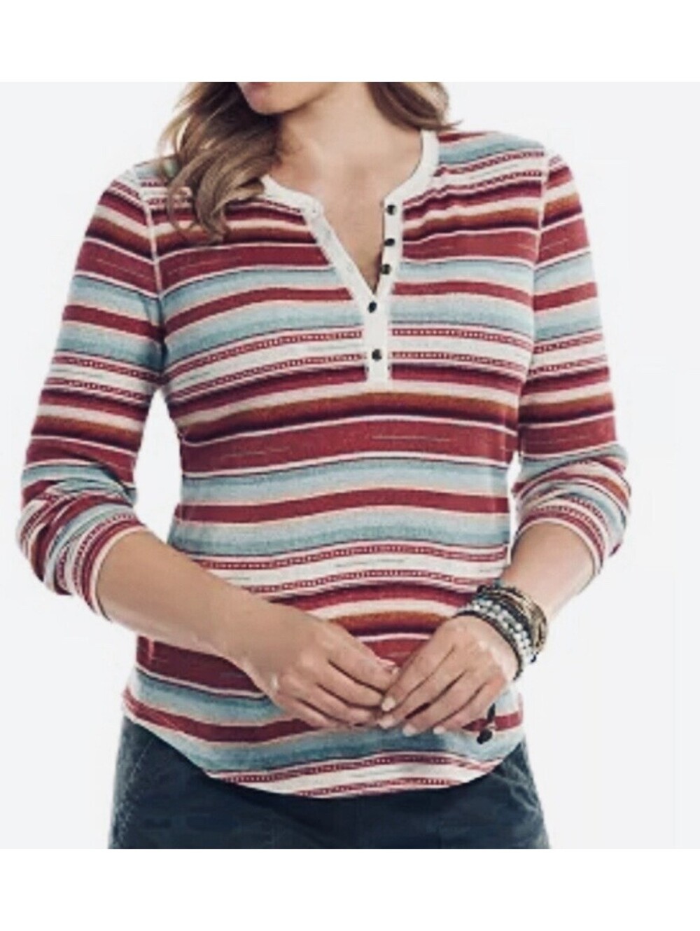 Chaps Denim Women's Sz L Striped Cotton South Western Henley Pullover Top